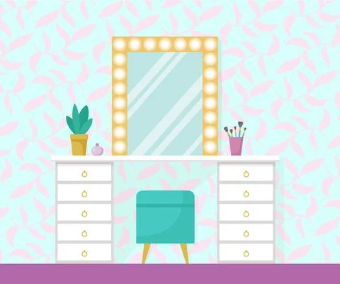 Flat vector illustration with make up vanity table Stock Illustration