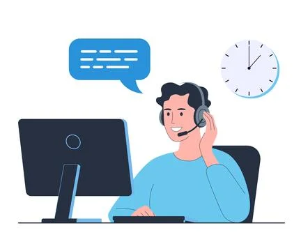 A flat vector illustration of a male support agent wearing a headset at his.. イラスト素材