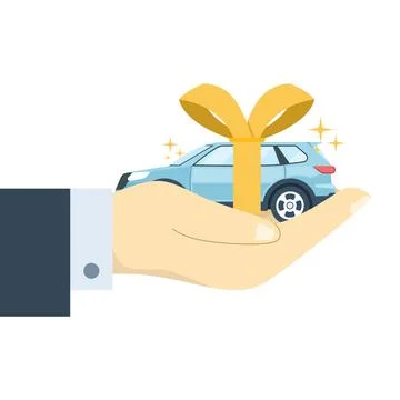 Flat vector illustration of man giving car gift with yellow ribbon, celebration. Stock Illustration