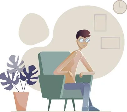 Flat vector illustration. A man with glasses sitting on a retro chair. Next.. Stock Illustration