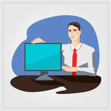 Flat vector illustration with man showing monitor in office Illustrazione stock