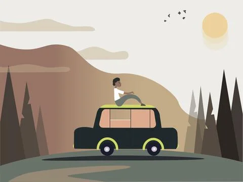 Flat vector illustration. The man stopped to admire the sunset. He got into.. Illustration