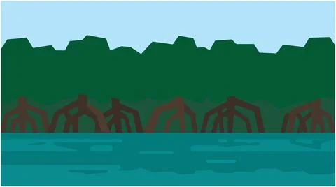 Flat vector illustration of mangrove forest over water with mangrove, coastli Stock Illustration