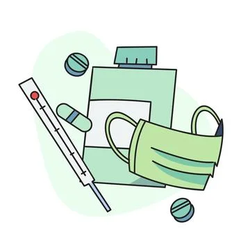 Flat vector illustration, mask, pill case and thermometer. Illustrazione stock