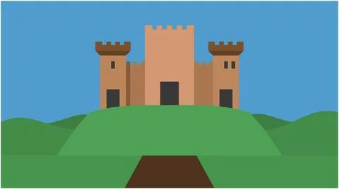 Flat vector illustration of a medieval castle on a hill with medieval, fortre Stock Illustration