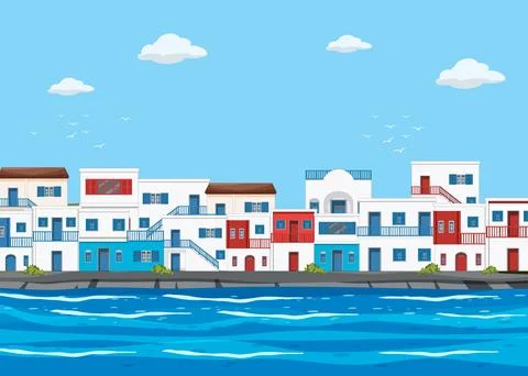Flat Vector Illustration of a Mediterranean Village by the Sea Stock Illustration