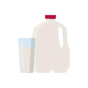 Flat vector illustration of milk in plastic gallon jug with red cap. and glas Stock Illustration