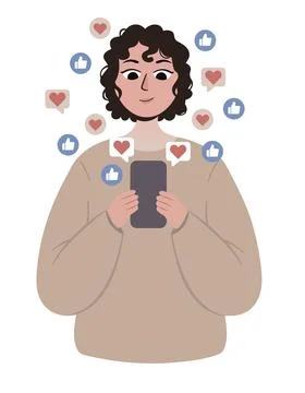 Flat vector illustration of a mobile phone with floating hearts, thumbs up Illustrazione stock