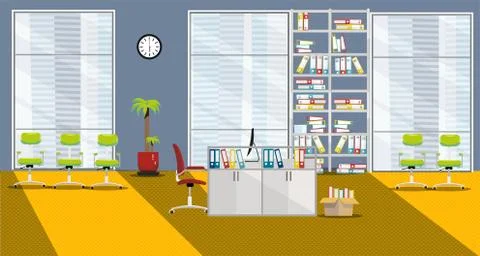 Flat vector illustration of modern cabinet interior with 1 table and 3 large  Stockillustratie
