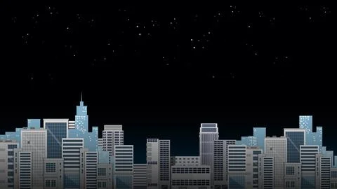 Flat Vector Illustration of a Modern City Skyline at Night Stock Illustration