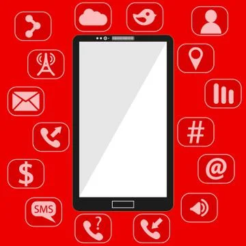 Flat vector illustration of modern Mobile phone with different icons Illustrazione stock