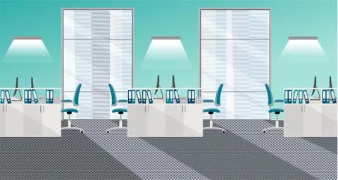Flat vector illustration of modern office room interior with large windows in Stock Illustration