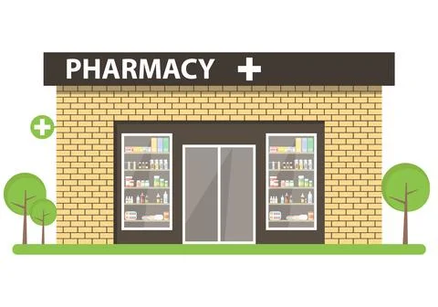 Flat Vector Illustration of a Modern Pharmacy Store Building Exterior With 스톡 일러스트