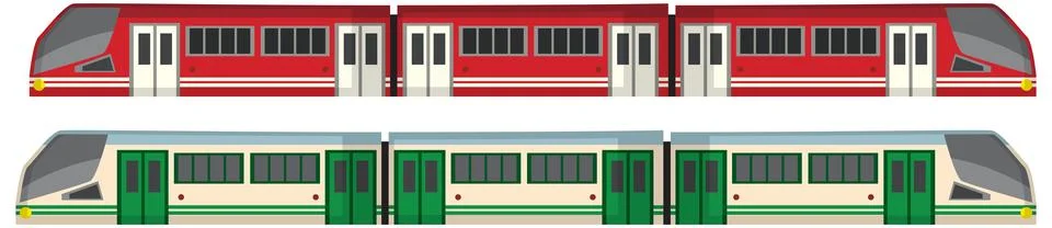 Flat Vector Illustration of Modern Red and Green Public Transit Trains 스톡 일러스트