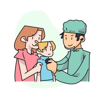 Flat vector illustration, mother checking her child to the doctor. Doctor u.. Stock Illustration