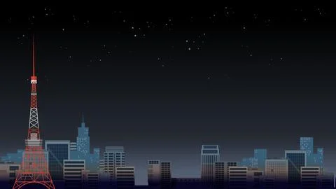 Flat Vector Illustration of a Night City Skyline with Communication Tower Stock Illustration
