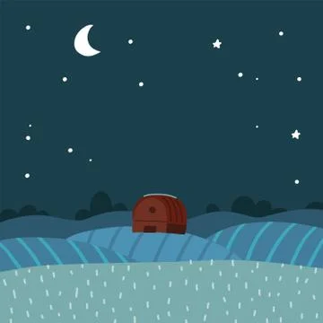 Flat Vector illustration of night over rural, farm landscape. Background with イラスト素材
