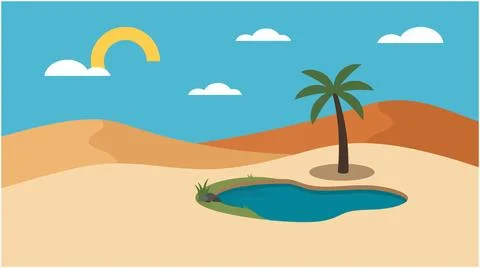 Flat vector illustration of an oasis in the desert with landscape Stock Illustration