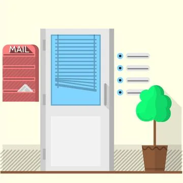 Flat vector illustration of office doors Gray doors with blue jalousie, re... Stock Photos