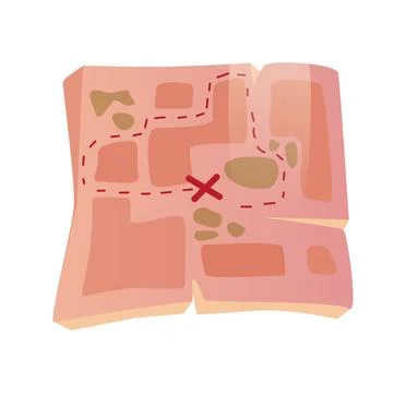 Flat vector illustration of an old treasure map with a marked path leading .. Stock Illustration