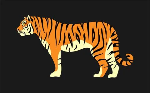 Flat vector illustration of an orange tiger with black stripes in profile Stock Illustration