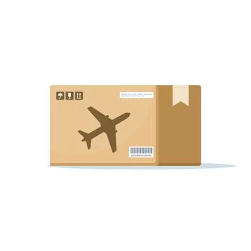 Flat vector illustration of parcel box delivery by airmail plane 스톡 일러스트