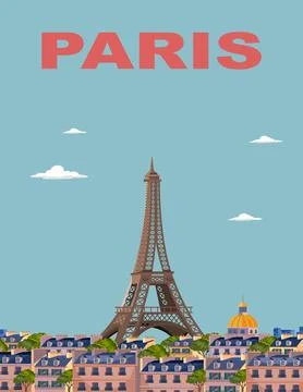 Flat Vector Illustration of Paris Cityscape with Eiffel Tower and Buildings Ilustración de archivo