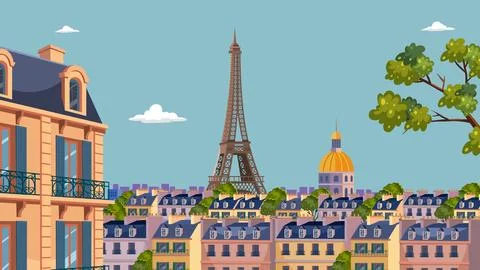 Flat vector illustration of Paris skyline with Eiffel Tower, historic apartme Illustrazione stock