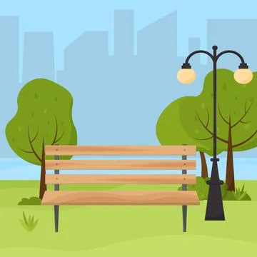 Flat vector illustration of park bench and street lamp in the city park in the Stock Illustration