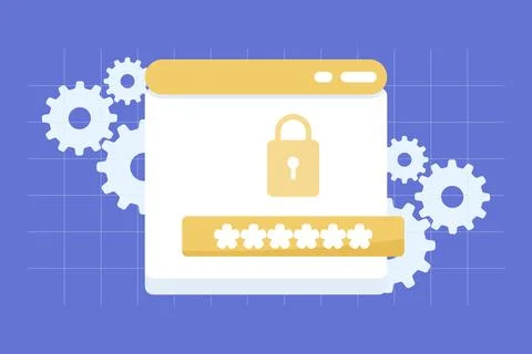 Flat vector illustration of password protection with a shield and gear symbol Stock Illustration