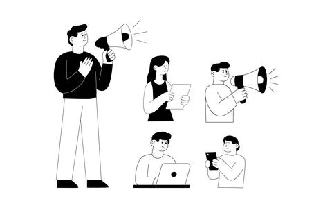 Flat vector illustration of people communicating using megaphones, reading .. Illustrazione stock