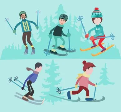 Flat vector illustration of people skiing. Stock Illustration