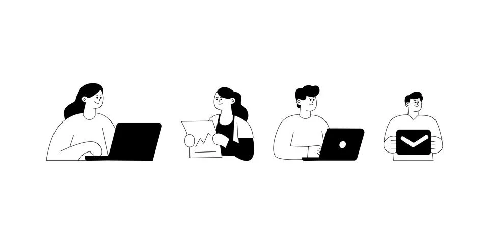 Flat vector illustration of people working with laptops, reading data chart.. Stockillustratie