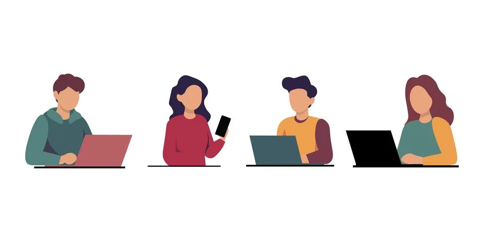 Flat Vector Illustration of People Working on Laptops and Mobile Illustrazione stock