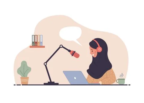 Flat vector illustration of podcast. Islamic woman in headphones at table Stock Illustration