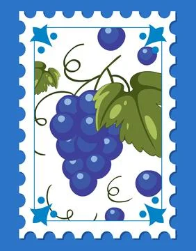 Flat vector illustration of a postage stamp with blue grapes on a white backg Ilustración de archivo