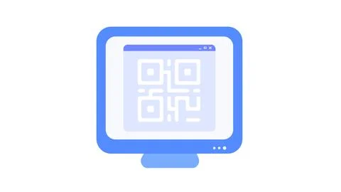 Flat vector illustration of a QR code displayed on a computer monitor screen. Stock Illustration