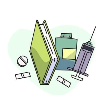 Flat vector illustration, recipe book, vaccine shot and pill container. Illustrazione stock