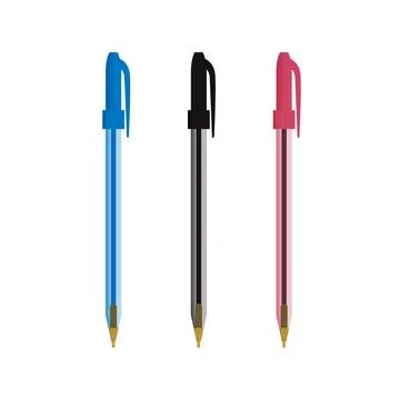 Flat vector illustration of red, blue and black ballpoint pens with caps. Iso Stock Illustration