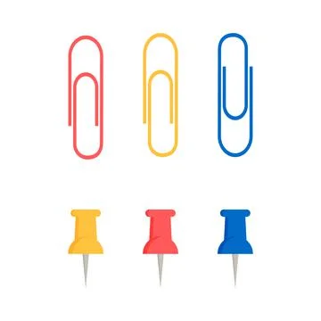 Flat vector illustration of red, blue, yellow paper clips and pins. Isolated on Stock Illustration