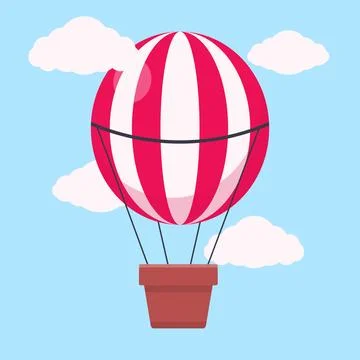Flat Vector Illustration of Red Hot Air Balloon in Blue Sky Stock Illustration