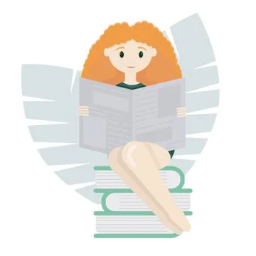 Flat vector illustration redhead girl reads a newspaper while sitting on book Stock Illustration