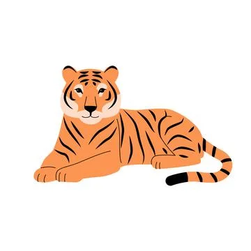 Flat vector illustration of a resting tiger with orange fur, black stripes, and Illustrazione stock