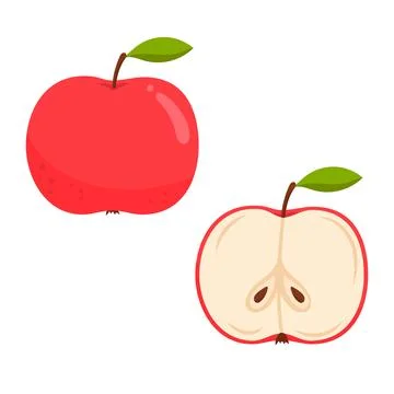 Flat vector illustration of a ripe red apple and a half-cut apple with seed.. Stock Illustration