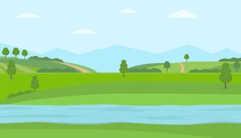 Flat vector illustration with river, green hills and mountains. Stock Illustration