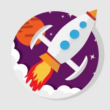 Flat vector illustration of a rocket flying into space Stock Illustration