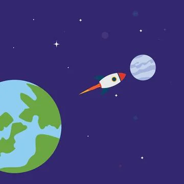 Flat vector illustration of a rocket launching from Earth towards the Moon. Illustrazione stock