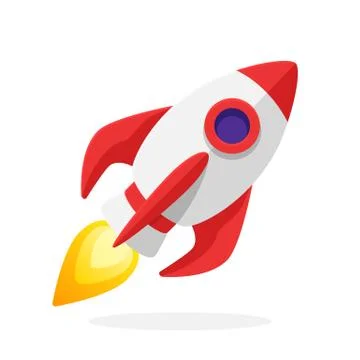 Flat vector illustration of rocket space ship with flame Illustrazione stock
