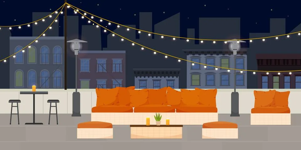 Flat vector illustration of rooftop terrace bar lounge at night with cozy war Stock Illustration