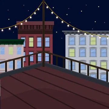 Flat vector illustration of rooftop terrace bar lounge with light bulb garlan Stock Illustration